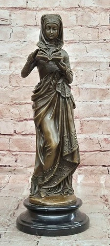 Signed Victorian Girl Reading Bible Bronze Sculpture Religious Home Decor Sale deal from eBay