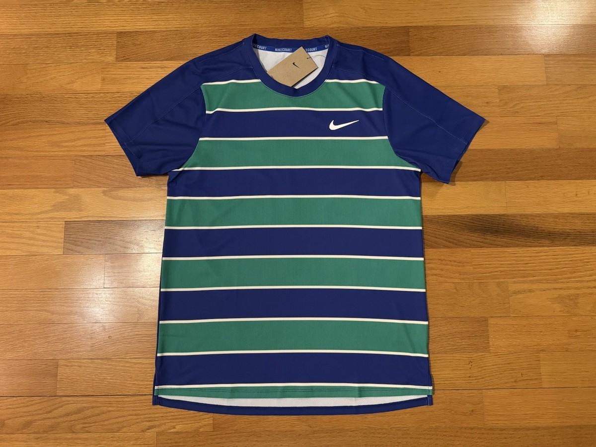 New M Nike Court Slam Dri-Fit ADV Tennis Striped Shirt Blue Green