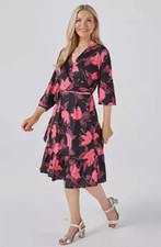 Du Jour Wrap Front Printed Midi Dress, Size 14, Black/Pink, BNWT