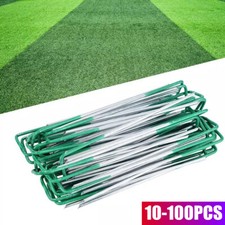 100X Artificial Grass Pins Galvanised Metal U Pegs Membrane Fabric Staple Green