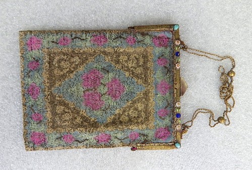 Antique Large beaded mesh enamel purse bag antique flapper pink green