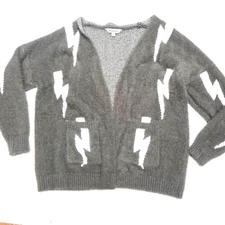 Davi & Dani Sweater Cardigan Womens L Long Gray Fuzzy Soft White Electric Bolts