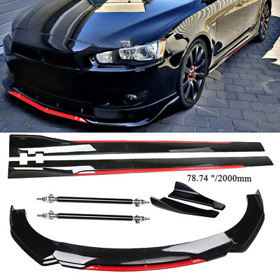 Front Bumper Lip Splitter + Side Skirt Glossy Black +Red  For Mitsubishi Lancer