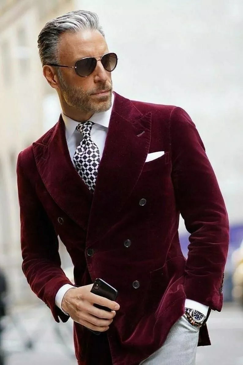 Burgundy Men Velvet Suit Blazer Groom Tuxedo Wedding Party Dinner Prom Suit