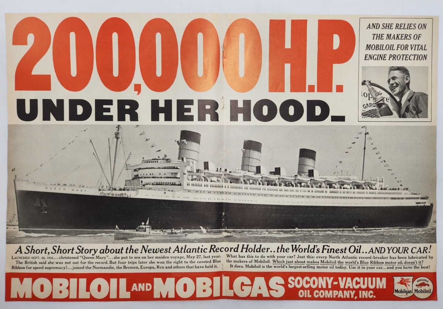 1937 Queen Mary Mobil Oil Gasoline Socony Vacuum Vtg Print Ad Man Cave Poster