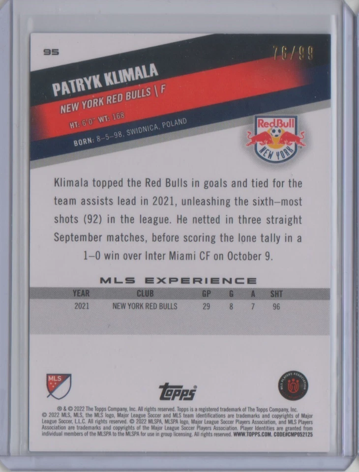 2022 Topps MLS Blue #95 Patryk Klimala RC 76/99 - Flat S/H - Image 2 of 2