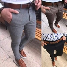 Men Casual Solid Slim Fit Stretch Skinny Office Trousers Formal Business Pants