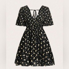 Cupshe Gold Dot Print Butterfly Flounce Sleeve Flared Hem Dress size M RefCPS029