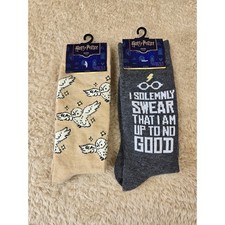 Harry Potter Socks 2 Pair Hedwig Owl I Solemnly Swear Tan Grey Mens Shoe 6.5-12