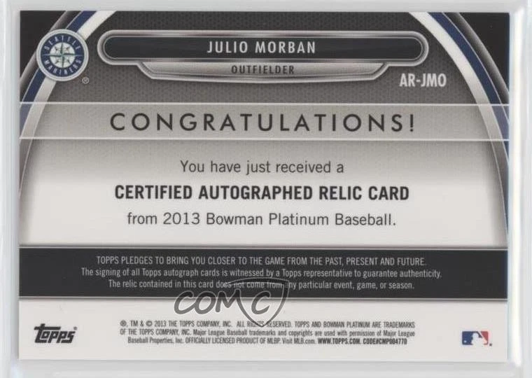 2013 Bowman Platinum Auto Relic Blue Refractor /199 Julio Morban #AR-JMO Auto - Image 2 of 2