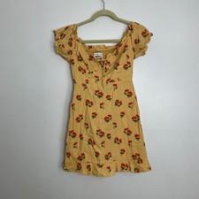 Urban Outfitters Yellow Cherry Print Smocked Puff Sleeve Cotton Dress XS