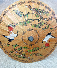 VTG Japanese Umbrella Parasol Made of Bamboo / Rice paper Painted Artwork Birds