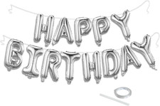 Silver Happy Birthday Balloon Banner Set -16 Inch Foil Letters Balloons, Reusabl