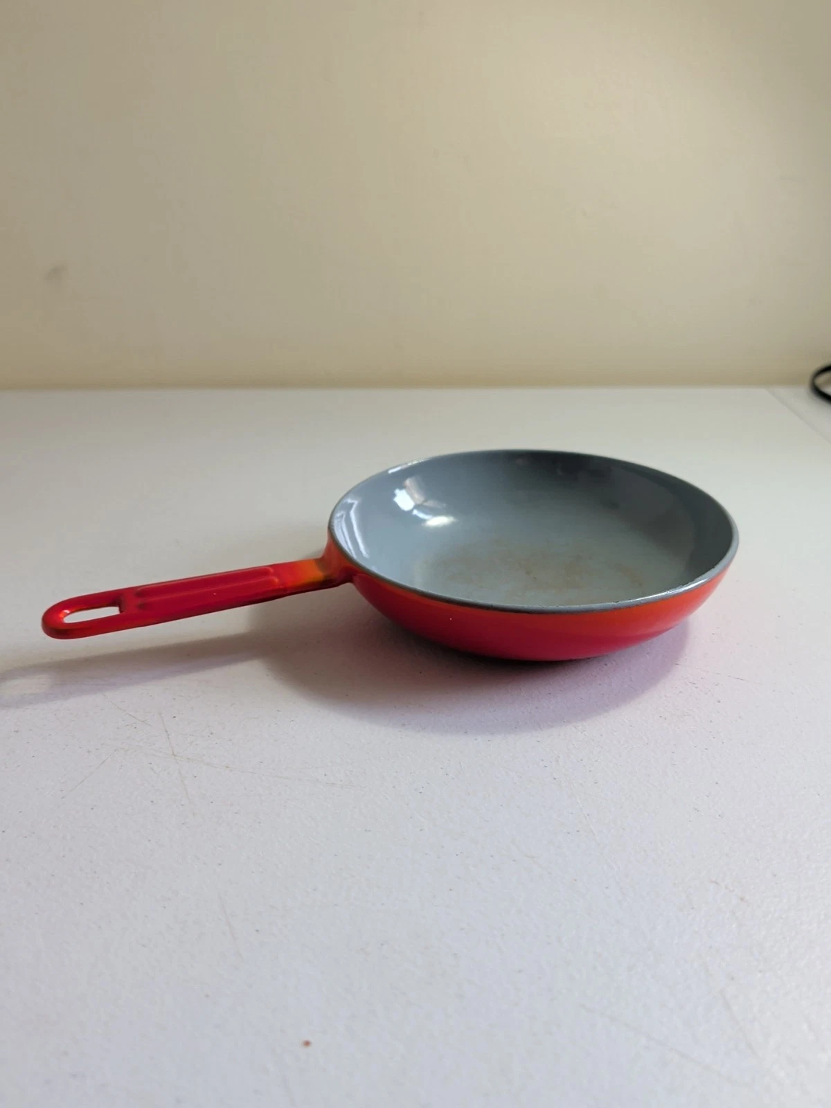 Vintage Flame Red Orange Enameled Cast Iron Skillet 6.5" Unmarked