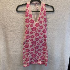 Y2K Forever 21 Pink Hibiscus Halter Knit Mini Dress Coquette Beach M Barbiecore