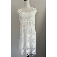 American Eagle Dress Womens Small Cream Sleeveless Fringe Crotchet Boho Festival