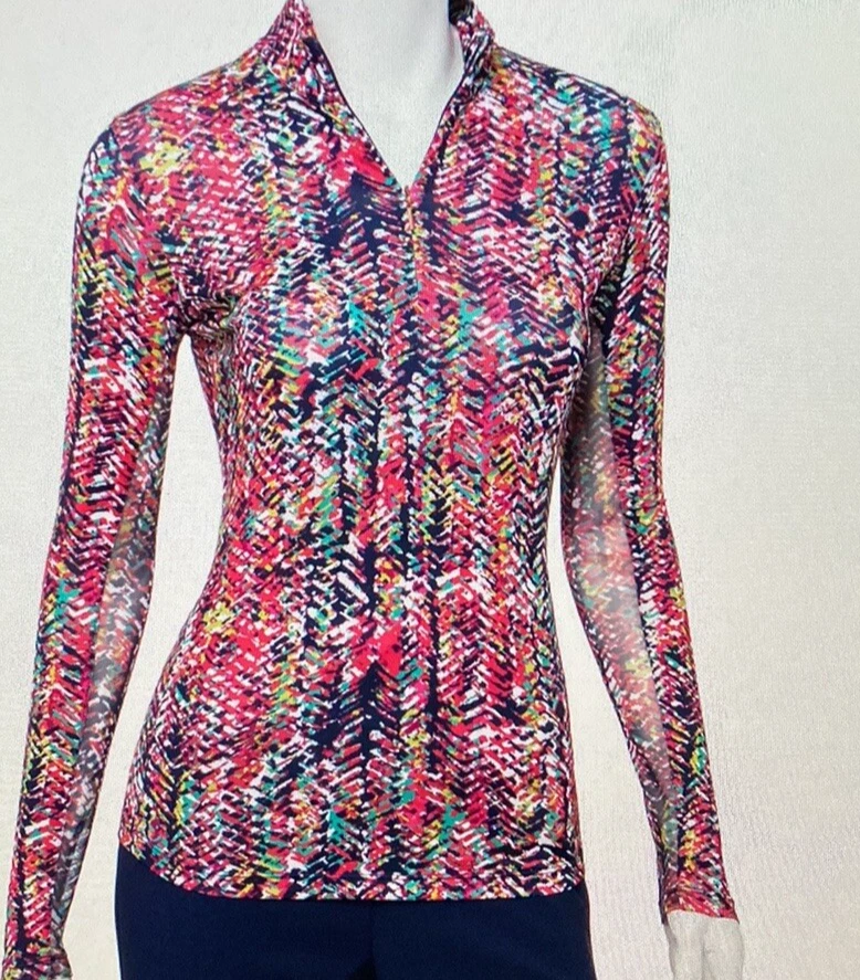 Gemstone High Neck Fitted Quarter Zip Polo Mesh Panel Top Women L Abstract Art - Image 2 of 4