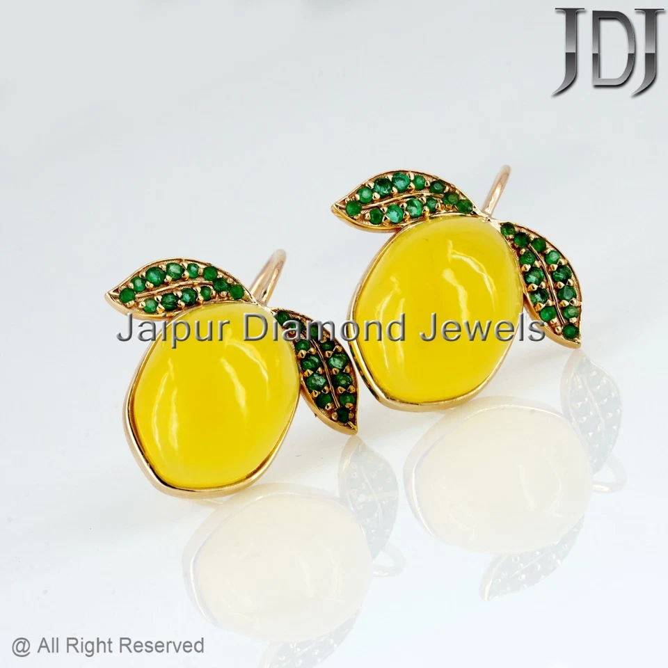 Aretes de oro amarillo de 14K con piedras preciosas de cuarzo limón esmeralda natural mango fruta Foto 3 de 4