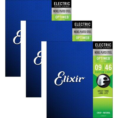 3 Sets of Elixir 19027 Electric Guitar Strings OPTIWEB Coating Custom Light 9-46