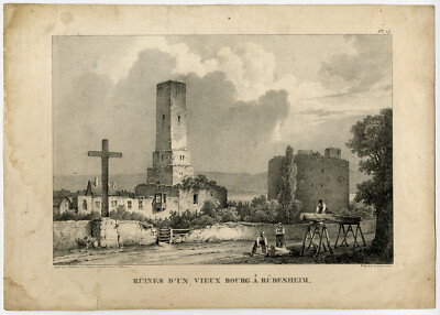 Antiker Meisterdruck-LANDSCHAFT-SCHLOSS-RUDESHEIM-HESSEN-Villeneuve-Howen-1834