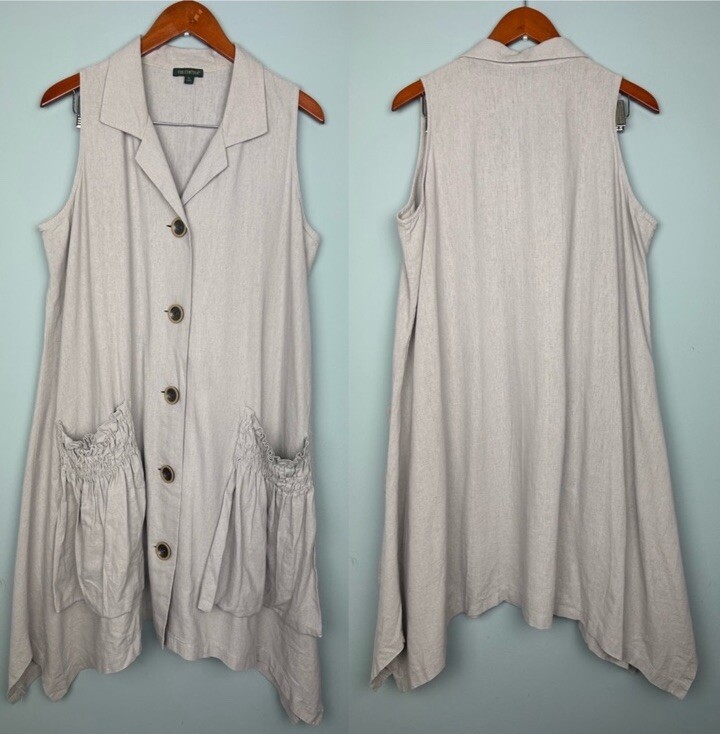For Cynthia Linen-Blend Sark Bite Hem Shirt Dress Size L Patch Rushed  Pockets