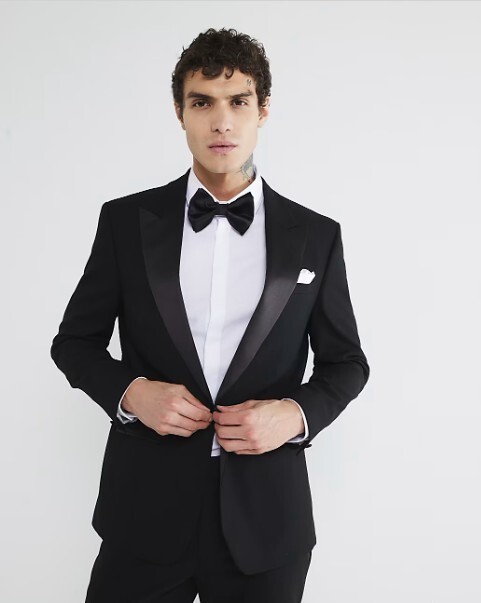 River Island London Black slim fit tuxedo suit jacket