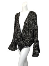Image of FREE PEOPLE Makin Waves Black White Polka Dot Bell Sleeve Bodysuit Blouse L NWT