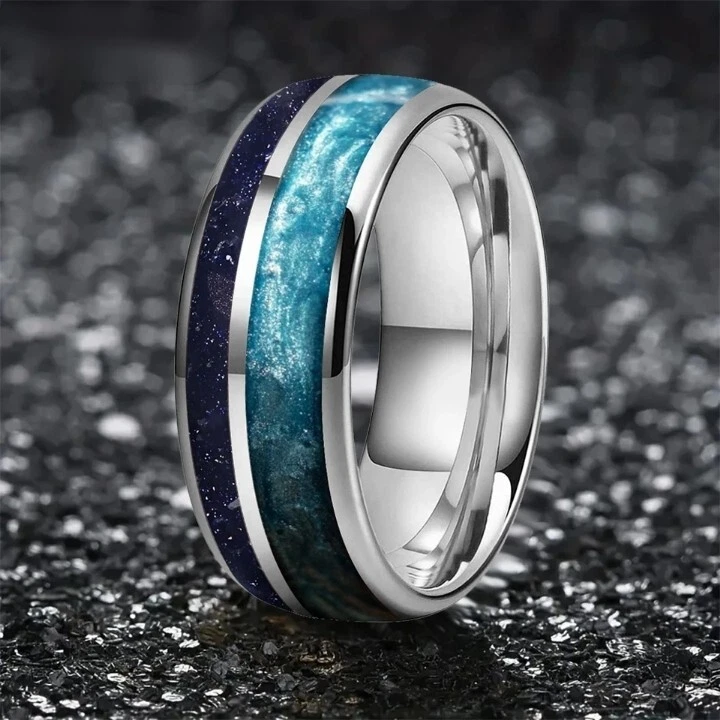8MM Blue Sandstone and Crushed Pearl Men Women Tungsten Carbide Ring Band - Image 3 of 4