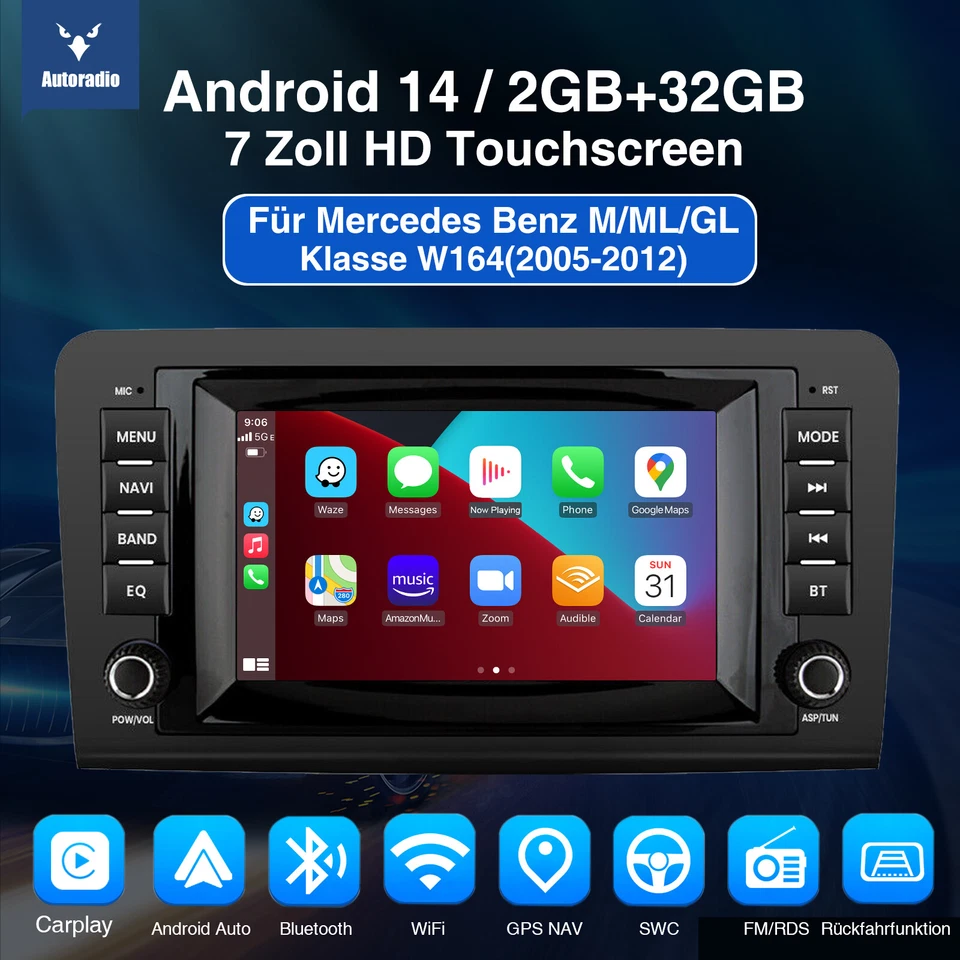 DAB+ Android 14 GPS Navi Autoradio Für Mercedes Benz ML W164 GL X164 2005-12 Kam - Bild 2 von 4