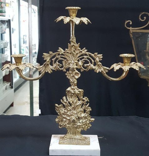 Antique Ornate Solid Brass Candelabra with Floral Bouquet Design on Marble Base