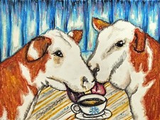 Hereford drinking Coffee Art Print 5 x 7 Cow Collectible by Artist KSams