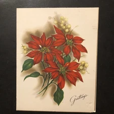 Vtg Christmas Greeting Card Beautiful Poinsettias Greetings Best Wishes