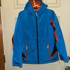 Lands End Winter Coat Boys L 14-16 Blue/Orange black Ski Jacket Hood Insulated