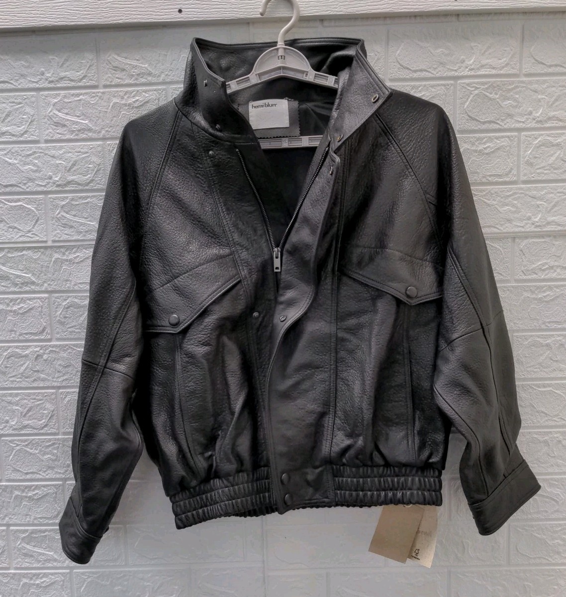 New Hemi Blurr Black Leather Stand Collar Snap Bomber Jacket Women's Size M