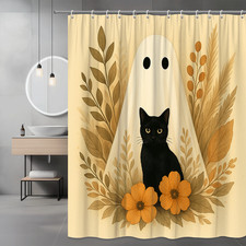 Halloween Shower Curtain with Ghost and Black Cat Design
