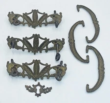 Drawer Pulls Brass Three Bail Handle and Keyhole Cover Leaf and Beaded Design