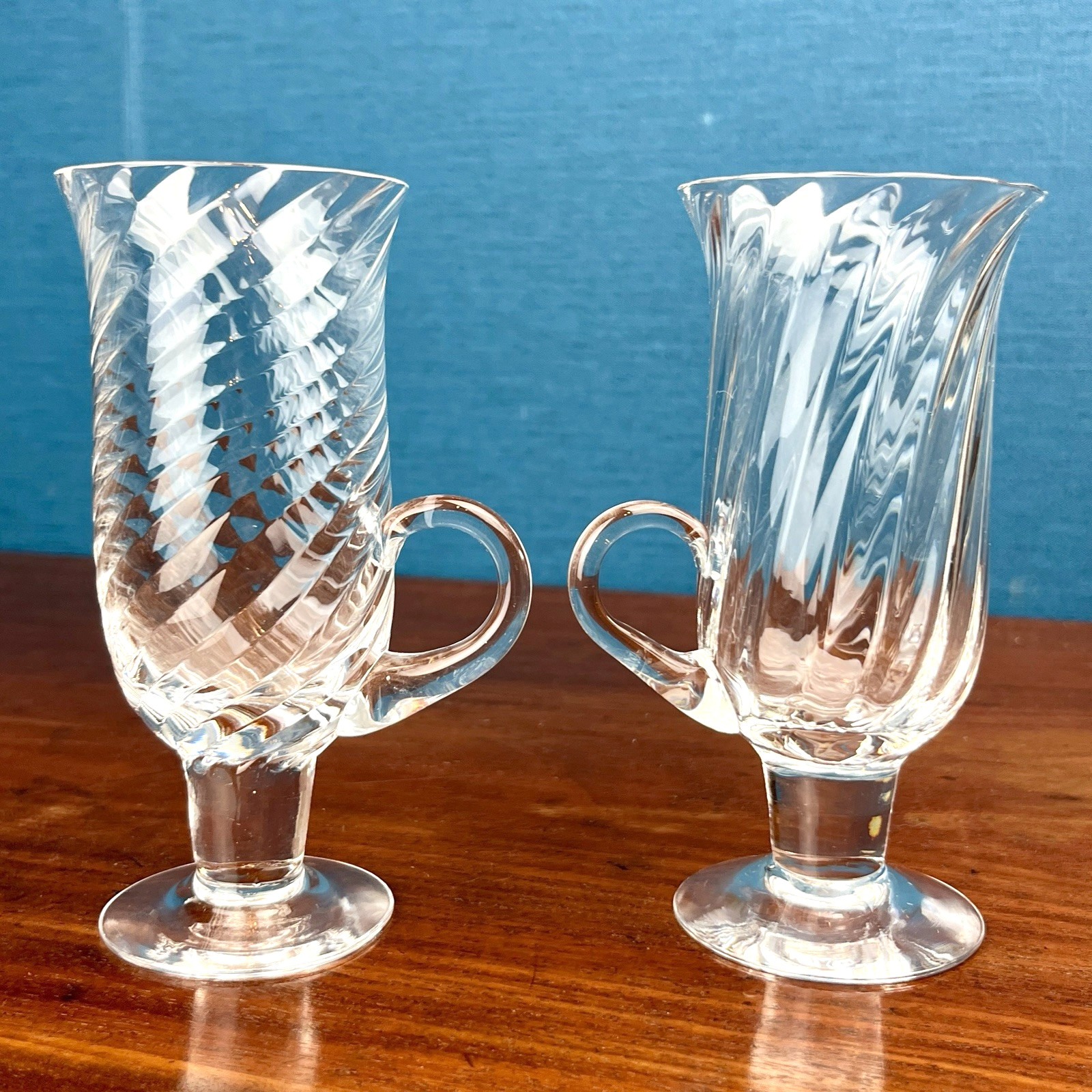 Pair Dartington Crystal Irish Coffee Glasses Swirl Twist Footed Mugs 14cm image 9