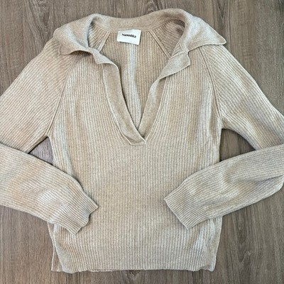 Nanushka Women s Ribbed Collared Deep V-Neck Sweater Oatmeal Beige Cashmere Blnd
