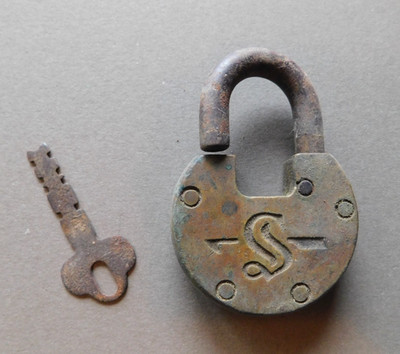 Antique Slaymaker Solid Brass Padlock - Letter ''S'' & Arrow  - with Working Key