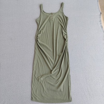 Heat & Hips Sage Green Ribbed Henley Midi Dress Ruched Side Sleeveless Womens M