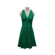 CALVIN KLEIN Kelly Green Pleated Vneck Fit Flare Dress 4 Holiday Party Cocktail