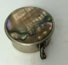 Vintage Pill box with Abalone shell lid made from Mexican silver with latch