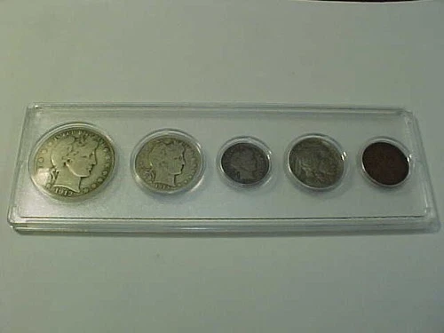 318a) Lot of 5 1913 Coins Cent, Nickel, Dime, Quarter, Barber Half- $95.00