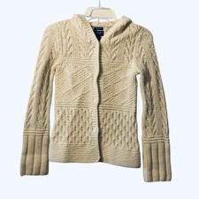 VINTAGE AMERICAN EAGLE Hand Knit Lambswool Ladies Fisherman Hooded Cardigan, XS