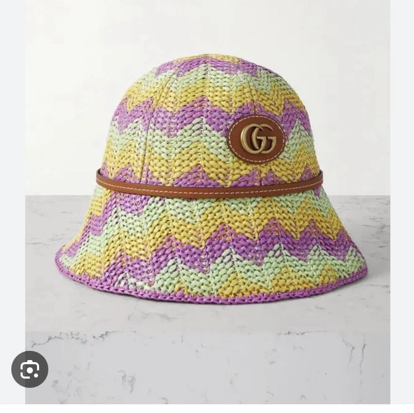 GUCCI RAFIA TEJIDO CUBO SOMBRERO Cuero Borde Sombrero de Paja Foto 2 de 4
