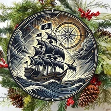 2D Flat, 8x8 Inch Round Aluminum Wall Art - Retro Pirate Ship Engraved Metal Sig