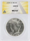 1925 Peace Silver Dollar ANACS MS63 S$1 Philadelphia Minted No Reserve