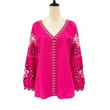 Tory Burch 8 Therese Hibiscus Pink Floral Embroidered 100% Cotton Tunic Shirt