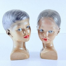 Set of 2 Mannequin Heads 1960's W/ Black Hair Dark Skin Red Lipstick 9" Vintage