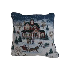 Festive Christmas Tapestry Throw Pillow Winter Holiday Carriage Snow 15 X 15